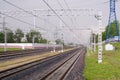 Railroad in rainy day, viev from station. background, transportation Royalty Free Stock Photo