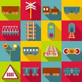 Railroad station items icons set, flat style Royalty Free Stock Photo