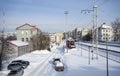 Railroad station. An old steam locomotive on a siding. City of Murmansk.