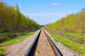 Railroad between summer fields Industrial landscape with railroad, blue sky with clouds. Railway junction in the evening. Railway