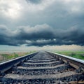 Railroad to horizon in rainy clouds