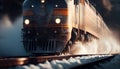 Railroad track carries locomotive in motion with speed ,generative AI