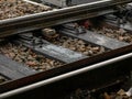 Railroad track detail, closeup, water on train tracks up close, old metal rails, railway in heavy rain. Sadness, melancholy Royalty Free Stock Photo