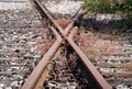 Railroad track junction and exchanging point with wooden sleepers