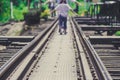 Railroad tracks on The Bridge of River Kwae is historic buildings and landmark of Kancjanaburi Province, Thailand.