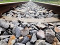 Railroad tracks, Close up on part of railroad track from top view, Close up of empty straight railroad track Royalty Free Stock Photo