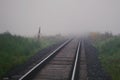 Railroad tracks in fog in the morning Royalty Free Stock Photo