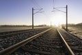 Railroad tracks and frosty landscape. Rail tracks at sunrise Royalty Free Stock Photo