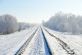 Railroad tracks that go into distance. Winter landscape