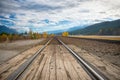 Railroad tracks in the horizon with the Canadian Rocky Mountains