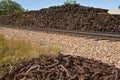 Railroad tracks and huge pile of ties Royalty Free Stock Photo