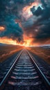 Railroad tracks leading into a sunset with dramatic clouds, scenic travel concept Royalty Free Stock Photo