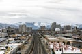 Railroad tracks leading to downtown Reno in the winter.