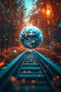 Railroad Tracks Leading to Earth, Floating Above Train Tracks in a Magical Forest Setting Royalty Free Stock Photo