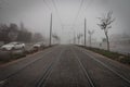 The railroad tracks of the light rail in Jerusalem are covered in fog, Royalty Free Stock Photo