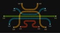 Railroad tracks, railway station, train diagram. Color stairs or fence. Vector illustration on black background. Royalty Free Stock Photo