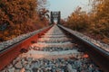 Railroad tracks with rocky tracks, looking far away to the evening sun