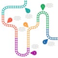 Railroad tracks, stations map. Railway route, tracking subway stations map top view, colorful stairs railways.