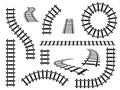 Railroad tracks. Straight, wavy and curved rails railway top view, ladder elements. Steel bars laid, construction Royalty Free Stock Photo