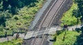 Railroad tracks with a transition for pedestrians, aerial view Royalty Free Stock Photo