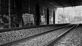 Railroad tracks in the tunnel under the highway in black and white style Royalty Free Stock Photo