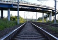 Railroad tracks under the automobile overpass Royalty Free Stock Photo
