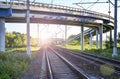 Railroad tracks under the automobile overpass Royalty Free Stock Photo