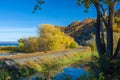 Railroad tracks, wooded bluffs Royalty Free Stock Photo