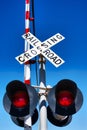 Railroad Train Level Crossing With Crossbuck Sign, Gate And Flashing Red Lights