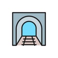 Railroad tunnel with rails, railway road, subway flat color line icon.