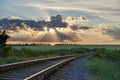 Railroad turns among the green trees in the summer Royalty Free Stock Photo