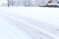 Railroad. Winter Driving in Snow. Aerial winter view. Beautiful winter covered snow town in cold snowy day. Street. Royalty Free Stock Photo