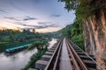 Railroad wood history world war II in tham krasae cave at evening Royalty Free Stock Photo