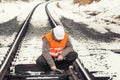 Railroad worker with adjustable wrench Royalty Free Stock Photo