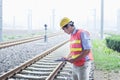 Railroad worker in protective work wear checking the railroad tracks