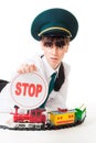 Railroad worker with stop sign