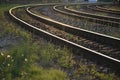 Rails on concrete sleepers (three curved train lines) in the evening sunshine Royalty Free Stock Photo