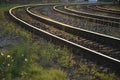 Rails on concrete sleepers (three curved train lines) in the evening sunshine