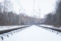 The rails are covered with snow in the winter forest Royalty Free Stock Photo