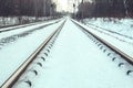 The rails are covered with snow in the winter forest Royalty Free Stock Photo