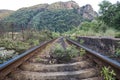 Rails detail in old abandoned industrial mountain railway station in Valcea county Royalty Free Stock Photo