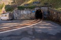 Rails and entrance to Bex salt mine tunnel in Bex, Switzerland