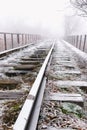 Rails in hoarfrost. Misty autumn morning Royalty Free Stock Photo