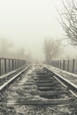Rails in hoarfrost. Misty autumn morning Royalty Free Stock Photo