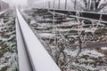 Rails in hoarfrost. Misty autumn morning Royalty Free Stock Photo