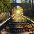 Rails lead in central perspective through an old arched gate made of natural stone to the glistening sun in the background,