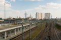 Rails and platform of the Vostochny railway station in Moscow. Izmailovsky Kremlin and hotels in the background. Royalty Free Stock Photo