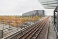 Rails and a subway train over the ground in Copenhagen