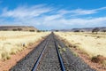 Railway in african savannah landscape, railroad in savanna grassland, Namibia, South Africa