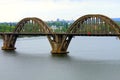 Railway arch bridge over Dnipro river, view of Dnepr city, autumn cityscape. Old vintage bridge Royalty Free Stock Photo